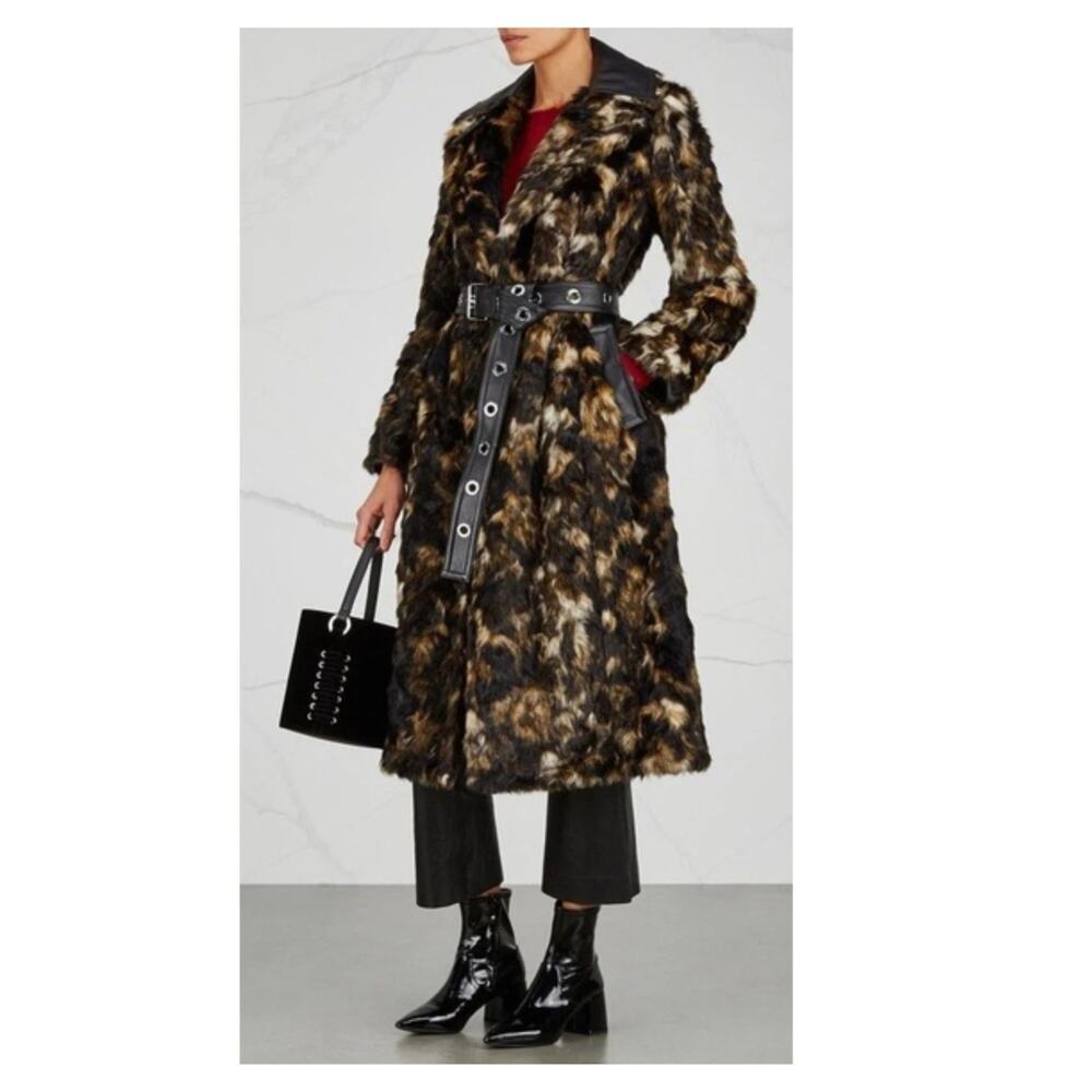 NEW HELMUT LANG Tortoise Faux-fur Shawl-collar Belted Coat  Size Small